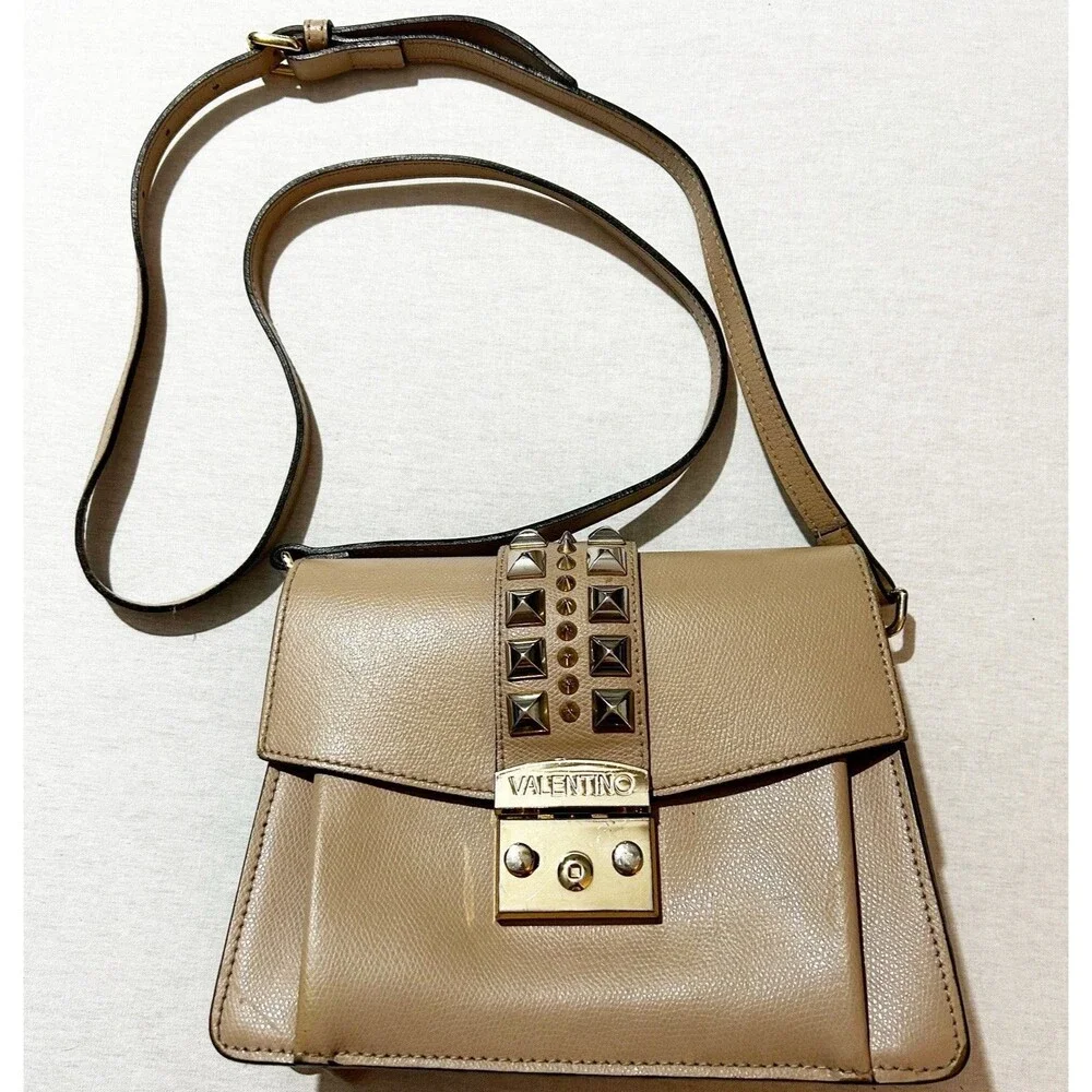 Valentino Benedicte Rockstud Leather Crossbody Bag in Taupe